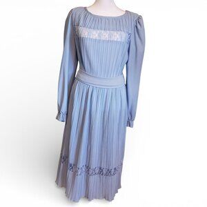 Vintage Pastel Blue 1980s Whimsical Long Sleeve A Line Belted Pleated Midi Dress